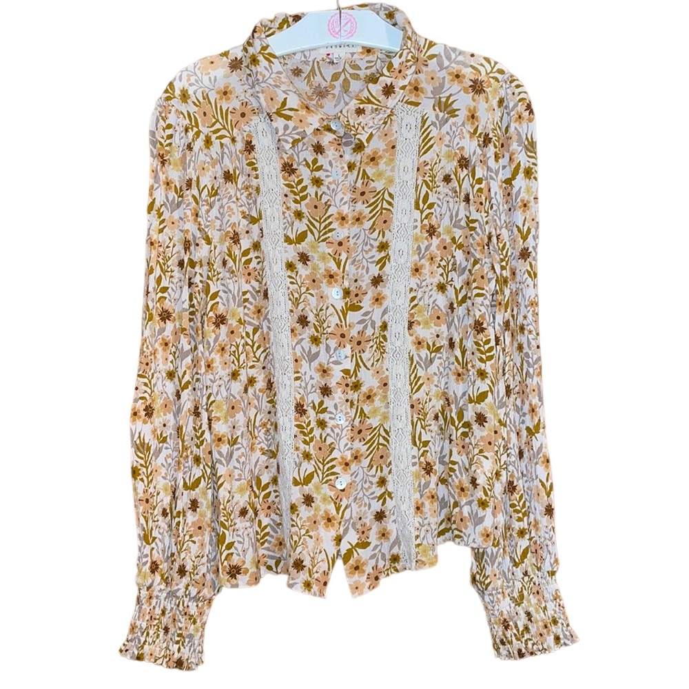 •PROMESA•YELLOW/BROWN FLORAL SMOCKED CROCHET BUTTON DOWN  BLOUSE SIZE LARGE